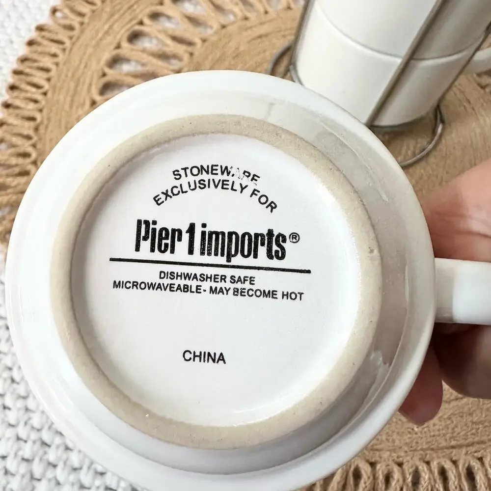 Pier 1 Solid White Stackable Stoneware Coffee Espresso 6 Piece Set Silver Rack